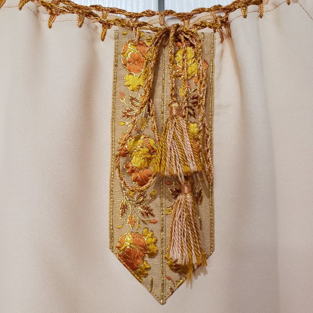 Vintage 1970s Peasant Shirt Gold Trim, Tassel Drawstrings, Small - Picture 3 of 8